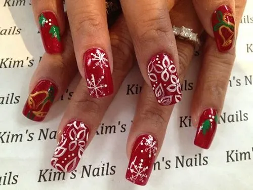 kim nails salon work sample of woman's nails painted in red, white, green patterns